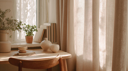 Cozy Scandinavian office corner with linen curtains, light wood furniture, matte ceramic decor, small potted plants, clean minimalist look