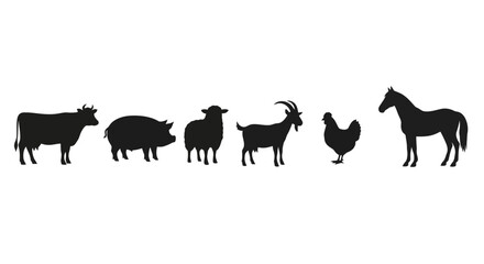 Farm Animals Silhouette Collection for Agricultural Education and Livestock Industry Visuals, Enhancing Design Projects and Promoting Rural Themes in Creative Content.