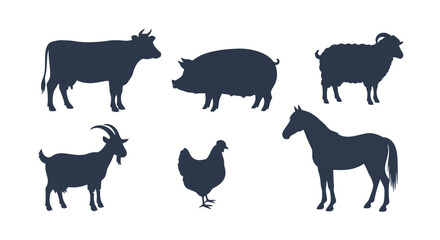 Farm Animal Silhouettes Collection Featuring Cow, Pig, Sheep, Goat, Chicken, and Horse for Agricultural Education and Livestock Illustration Projects