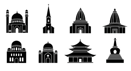 Diverse Religious Buildings Silhouette Collection Representing Global Faiths and Architectural Styles for Educational Materials and Cultural Awareness Projects