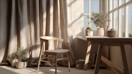 Cozy Scandinavian office corner with linen curtains, light wood furniture, matte ceramic decor, small potted plants, clean minimalist look