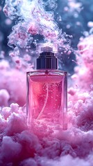 Abstract Pastel Promotional Photo With Soft Mist and Fragrance Spray Showing a Smooth Delicate Cosmetic Bottle With Pink Liquid Texture for Commercial Use White Background Studio Image