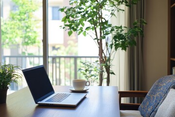Cozy home office with open laptop and coffee cup by sunlit window