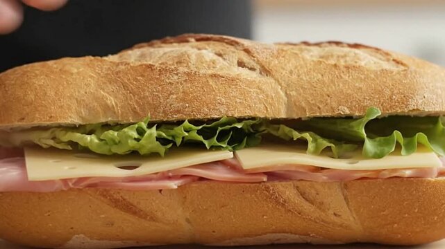 A long ham and cheese sandwich is being pressed by a persons fingers