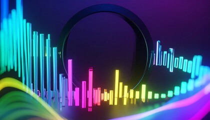 Abstract graphic design featuring vibrant, neon-colored bars and lines arranged in a dynamic, flowing pattern.