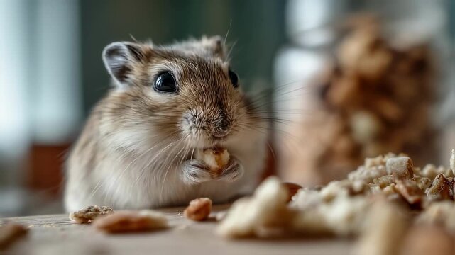 Small mongolian gerbil holding food in its paws, happily nibbling on nuts and seeds while seated on a wooden table, enjoying a delightful meal in a cozy indoor setting