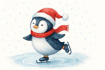 A charming illustration of a penguin skating gracefully on ice, dressed in a festive hat and scarf, embodying winter cheer.