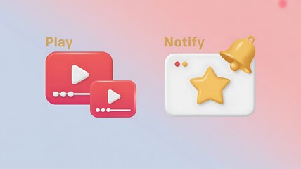 Play and Notify icons in digital design concept with video player buttons and notification bell on a pink and blue gradient background creating a modern tech aesthetic