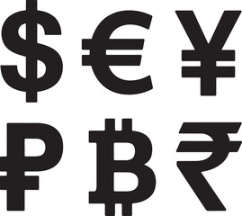 Global Currency Symbols Dollar Euro Yen Ruble Bitcoin Rupee vector