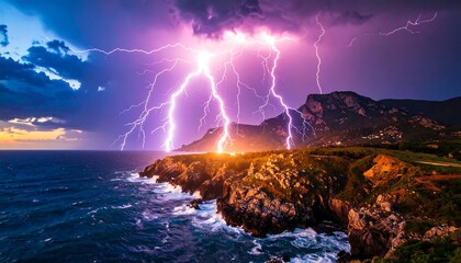Dramatic lightning strikes illuminate a dramatic coastal landscape at sunset over the sea.