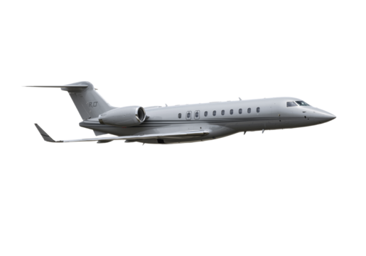 Side profile of a modern private jet airplane isolated on a white background, concept for luxury travel and corporate transport.