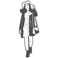 Stylish Woman in Modern Outfit with Hat and Bag - Black and White Vector Illustration