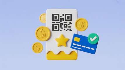 Seamless Digital Payment Experience with QR Code Technology Coins Credit Card Star and Modern Mobile Phone Design Promoting Easy Transactions