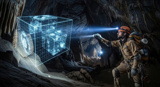 Male explorer examining 3d holographic cube in cave with flashlight - Powered by Adobe