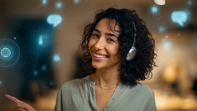 Medium shot capturing a smiling native speaker gesturing expressively during a realtime language immersion stream with softly blurred global icons and chat bubbles defining the