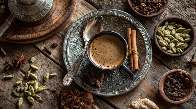 Aromatic Yemeni Coffee served in a traditional cup, surrounded by spices on a rustic wooden table, creating a warm and inviting atmosphere for coffee lovers
