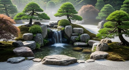 Zen Garden with Waterfall and Bonsai Trees