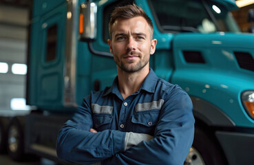 Confident male mechanic in work clothes stands with arms crossed in front of teal semi-truck in repair shop. Short brown hair, beard, with slight smile. Modern tools, equipment surround, suggesting