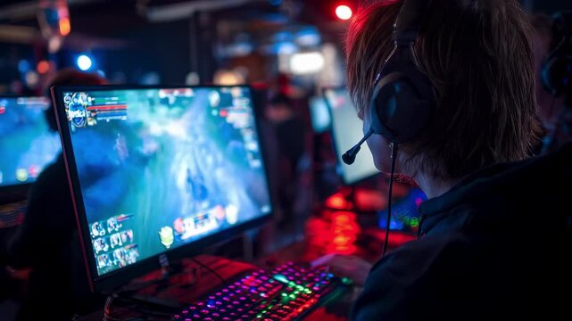 Professional gamer wearing a headset, immersed in an online video game on a personal computer, competing in an esports tournament at an internet cafe filled with vibrant lights