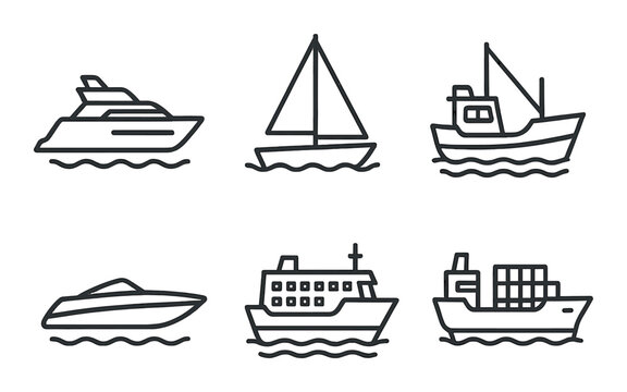 Silhouette boat icon set featuring yacht, sailboat, fishing boat, speedboat, ferry, and cargo ship