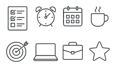 Silhouette productivity icon set featuring checklist, clock, calendar, coffee, target, laptop, briefcase, star