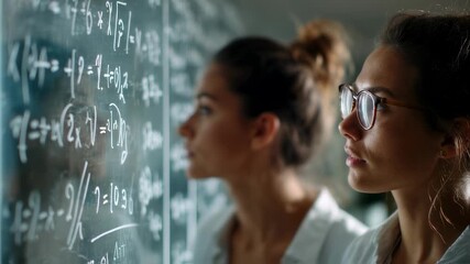 Young scientist meticulously writing complex mathematical and scientific formulas on a chalkboard, engrossed in her research within a laboratory setting, showcasing dedication and expertise - Powered by Adobe