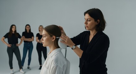 Female expert adjusts device on young caucasian woman with group observing