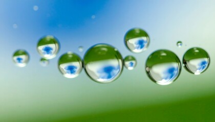 A captivating close-up view of numerous water droplets, each mirroring a gentle scene of greenery and a delicate blue flower, creating a mesmerizing display of nature's artistry.