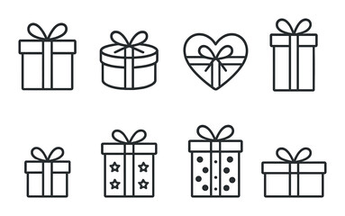 Silhouette gift icon set featuring boxes, heart, stars, and ribbon symbols