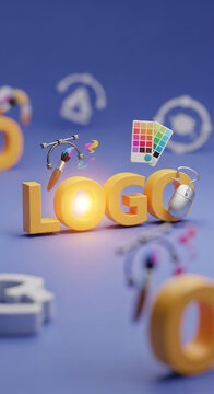 3D render of yellow "LOGO" word with design tools: brush, color palette, mouse, symbolizing graphic design, branding, and creativity