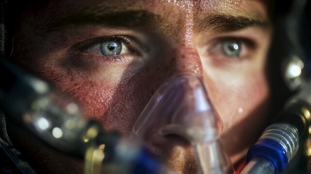 Close medium shot on an athletes determined expression while inhaling xenon gas with defocused environmental gauges and altitude apparatus framing the novel mountain training