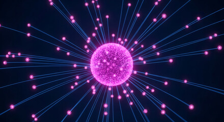 Pink glowing sphere with radiating lines and nodes, depicting network connection or data flow, symbolizing technology, communication, and global connectivity
