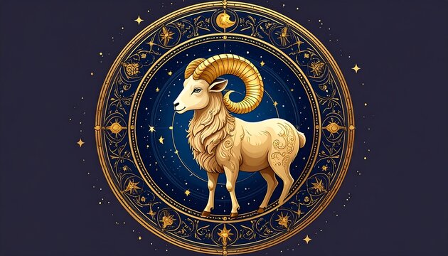 Zodiac ram in ornate gold frame against dark blue starry background