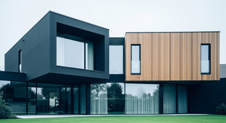 Modern house exterior showcasing dark gray and light wood siding, large windows, and a manicured lawn, representing contemporary architecture, luxury living, and minimalist design