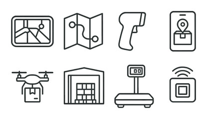 Silhouette logistics icon set featuring map, navigation, barcode scanner, location, drone, warehouse, scale, nfc