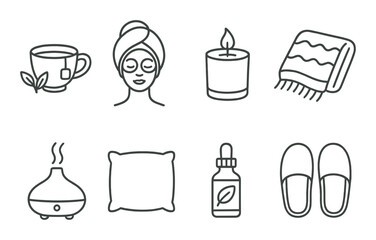 Linear spa icon set featuring tea, face mask, candle, towel, diffuser, pillow, oil, and slippers