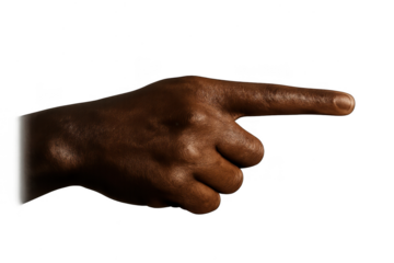 Dark-skinned hand pointing right, isolated on transparent background, close-up view
