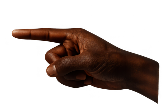 Dark-skinned hand pointing gesture isolated on transparent background, clear