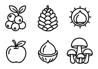 Silhouette nature icon set featuring berry, pine cone, chestnut, apple, acorn, and mushroom symbols
