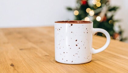 A white ceramic mug with a speckled brown design sits on a light brown wooden surface in front of a blurred Christmas tree.