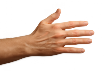 Male hand with extended fingers, palm down, isolated on transparent background