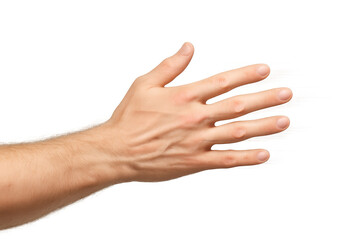 Male hand reaching with an open palm isolated on transparent background, studio shot