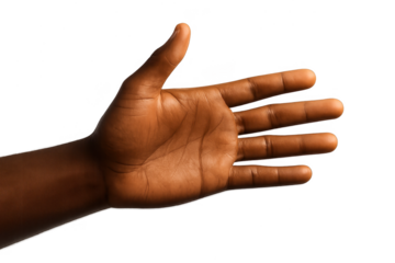 Open hand with palm facing up, dark skin, isolated on a transparent background