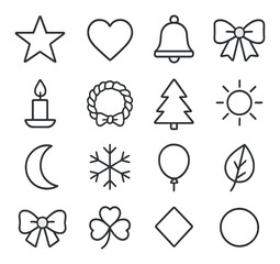 Linear holiday icon set featuring star, heart, bell, bow, candle, wreath, tree, sun, moon, snowflake, balloon, leaf