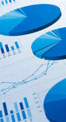 Close-up of 3D pie charts and bar graphs in shades of blue, illustrating data analysis and financial reporting, showcasing business growth and statistics