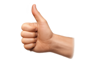 Adult hand showing a positive thumbs up gesture, isolated on a transparent background.