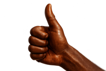 Dark-skinned hand making thumbs-up gesture, isolated on transparent background