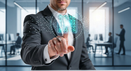 Close-up of businessman's hand interacting with a digital QR code interface, showcasing modern technology and business solutions in an office setting