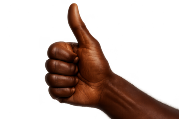 Dark-skinned hand showing thumbs-up gesture isolated on transparent background.