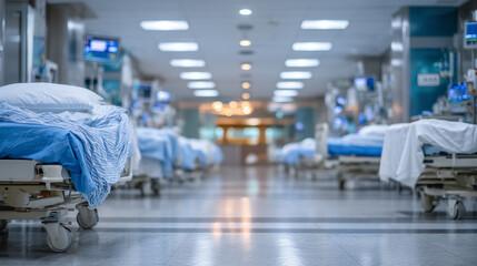 Long symmetrical corridor of a hospital, beds neatly lined against both sides, sheets untouched, silence heavy in the air, symbolizing the weight of a health crisis